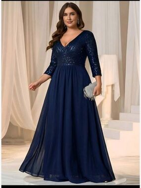 EVERPRETTY Elegant Navy Blue Plus Size Fall Wedding Guest Dress Sz 22